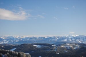 Blick vom Schwarzen Grat über bewaldete Hügel auf die schneebedeckten Allgäuer Alpen