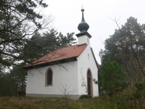 Weiße Wallfahrtskapelle Maria Hilf mit Zwiebelturm zwischen Kiefern auf dem Volkenberg bei Erlabrunn